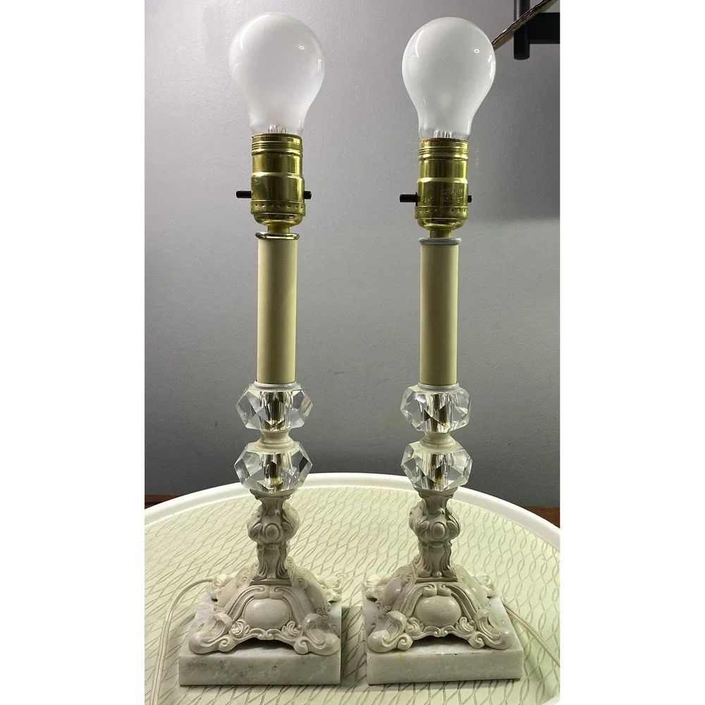 PAIR Vintage Ornate Ivory Cast Metal On Marble Base Working Table Lamps 17